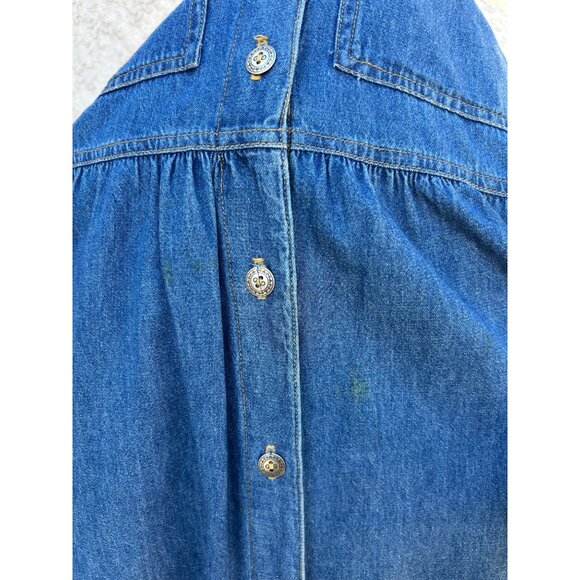 90s Vintage Denim Maxi Dress Velvet Collar/Cuffs Button-Down Front Waist Tie 4P - Picture 9 of 10